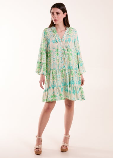 Blue Vanilla Green Pin Tuck Tiered Abstract Smock Dress