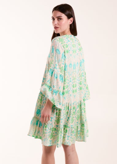 Blue Vanilla Green Pin Tuck Tiered Abstract Smock Dress