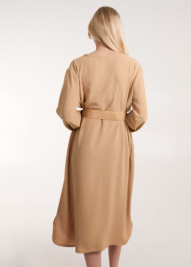 Blue Vanilla Camel V Neck Long Sleeve Dress With Belt