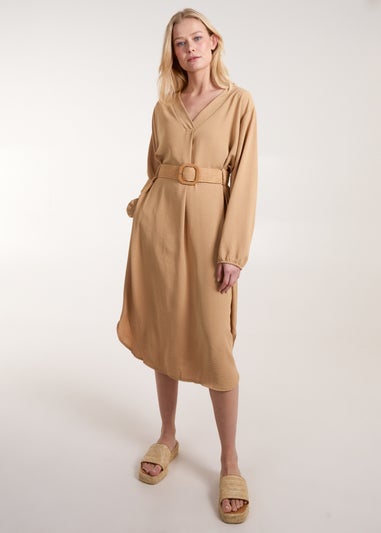 Blue Vanilla Camel V Neck Long Sleeve Dress With Belt