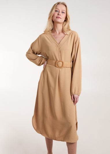 Blue Vanilla Camel V Neck Long Sleeve Dress With Belt