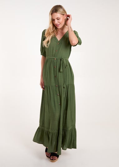 Blue Vanilla Khaki Button Through Tie Maxi Dress