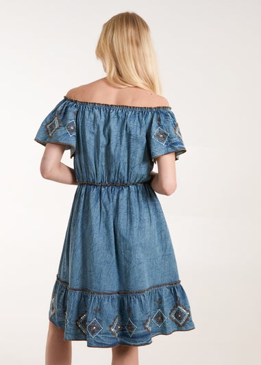 Blue Vanilla Blue Denim Embroidered Tiered Dress