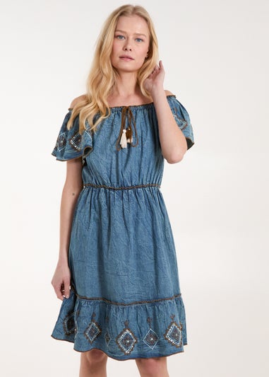 Blue Vanilla Blue Denim Embroidered Tiered Dress