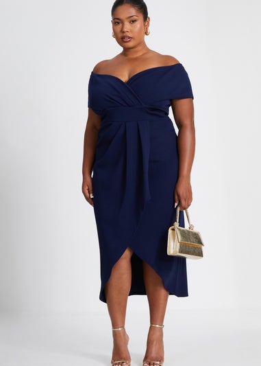 Quiz Navy Curve Bardot Wrap Midi Dress