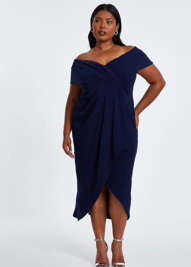 Quiz Navy Curve Bardot Wrap Midi Dress