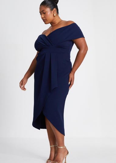 Quiz Navy Curve Bardot Wrap Midi Dress