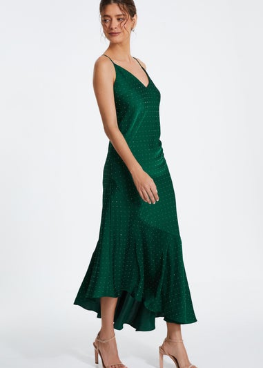 Quiz Green Satin Asymmetric Midaxi Dress