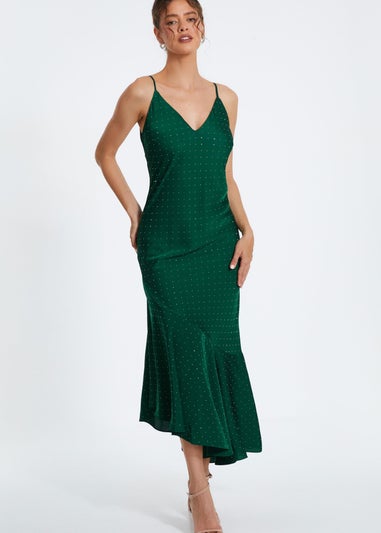 Quiz Green Satin Asymmetric Midaxi Dress