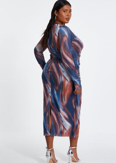 Quiz Blue Curve Marble Print Midaxi Dress