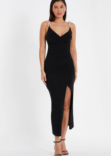 Quiz Black Diamante Ruched Midi Dress