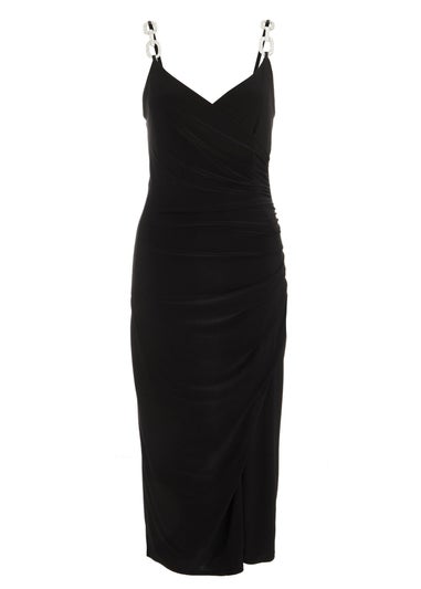 Quiz Black Diamante Ruched Midi Dress