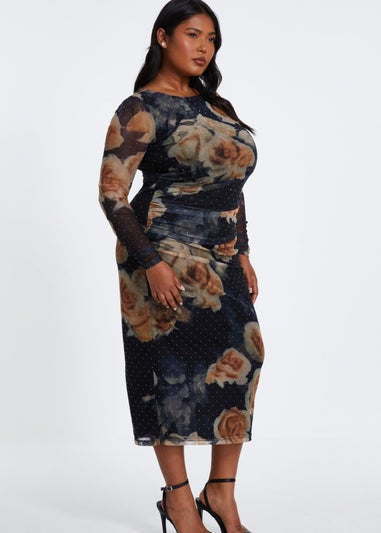 Quiz Black Curve Floral Mesh Midaxi Dress