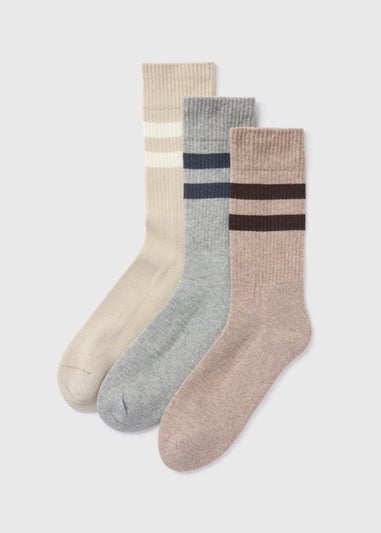 3 Pack Beige Stripe Cushioned Socks