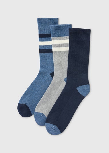 3 Pack Blue Stripe Cushioned Socks