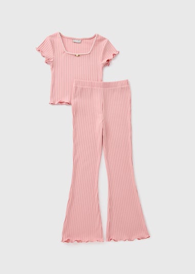 Girls Pink Ribbed Top & Flare Leggings (7-15yrs)