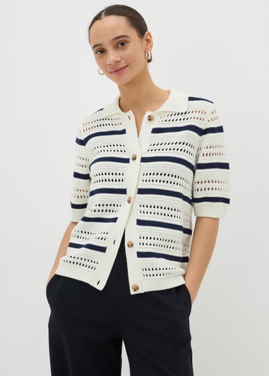 Ivory Crochet Stripe Collared Cardigan