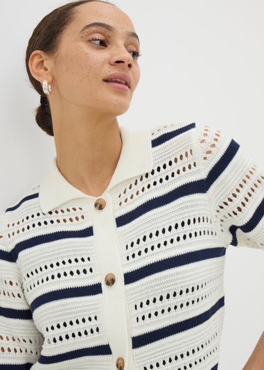 Ivory Crochet Stripe Collared Cardigan