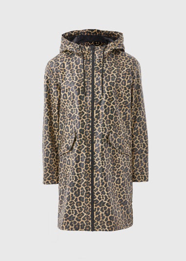 Brown Animal Print Rubberised Showerproof Parka Coat