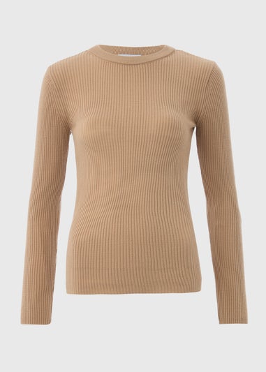 Beige Ribbed Crew Neck Jumper