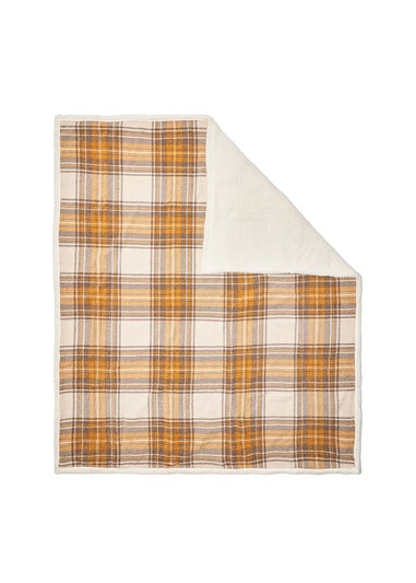 BHS Luxury Warm Ochre Check Throw with Faux-Shearling (130x150cm)