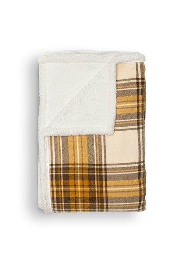 BHS Luxury Warm Ochre Check Throw with Faux-Shearling (130x150cm)