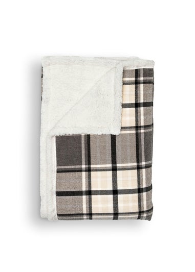 BHS Luxury Warm Grey Check Throw With Faux-Shearling (130x150cm)