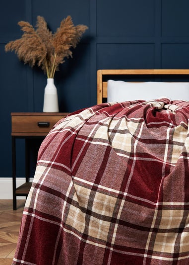 BHS Luxury Warm Red Check Throw With Faux-Shearling (130x150cm)