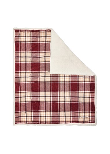 BHS Luxury Warm Red Check Throw With Faux-Shearling (130x150cm)