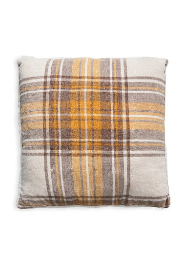 BHS Luxury Warm Ochre Check Cushion with Faux-Shearling (40x40cm)