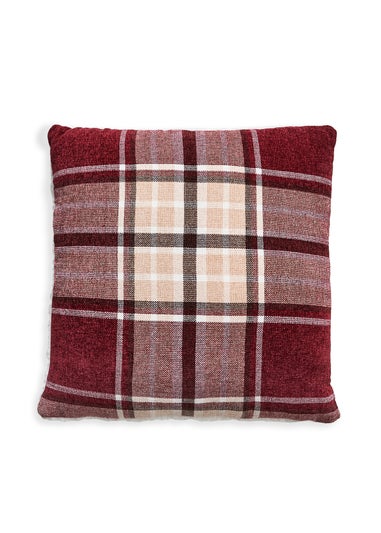 BHS Luxury Warm Red Check Cushion With Faux-Shearling (40x40cm)