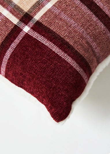 BHS Luxury Warm Red Check Cushion With Faux-Shearling (40x40cm)