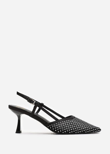 Where's That From Black Satin Greece Slingback Pointed Toe Heels