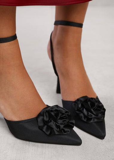 Where's That From Black Satin Vienna Pointed Toe Heels