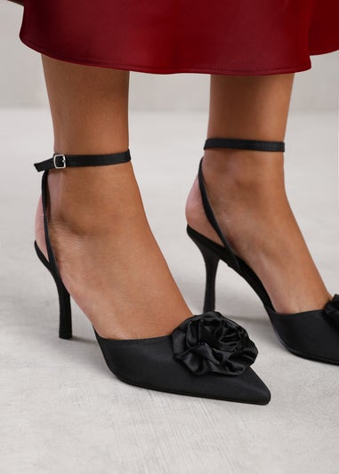 Where's That From Black Satin Vienna Pointed Toe Heels