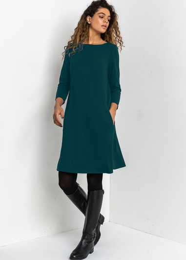 Roman Forest Green A-Line Pocket Detail Swing Dress