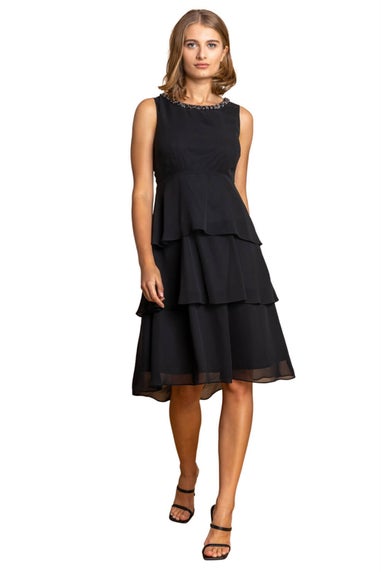 Roman Black Tiered Embellished Neck Chiffon Dress