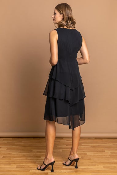 Roman Black Tiered Embellished Neck Chiffon Dress