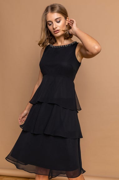 Roman Black Tiered Embellished Neck Chiffon Dress