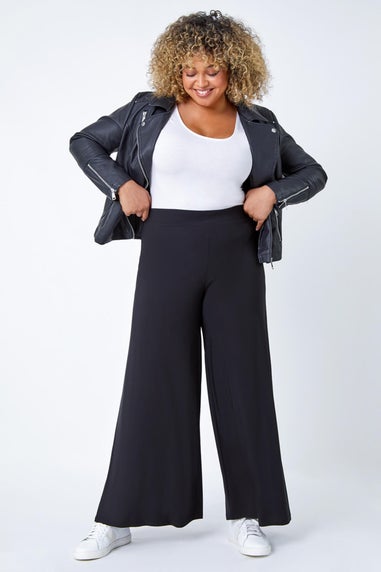 Roman Black Curve Elastic Waist  Wide Leg Trousers