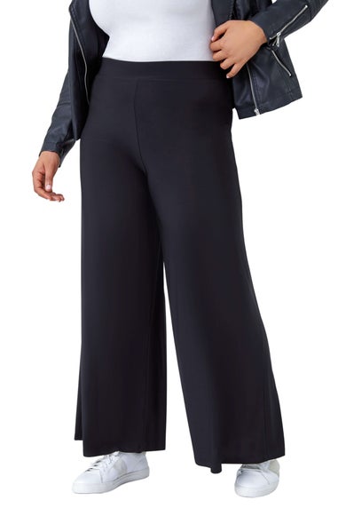 Roman Black Curve Elastic Waist  Wide Leg Trousers