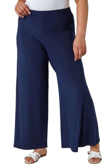 Roman Navy Curve Elastic Waist  Wide Leg Trousers