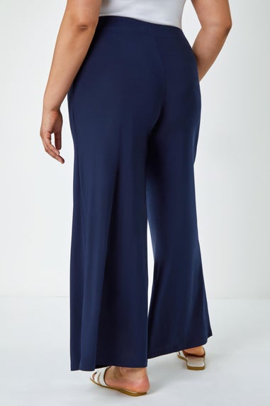 Roman Navy Curve Elastic Waist  Wide Leg Trousers