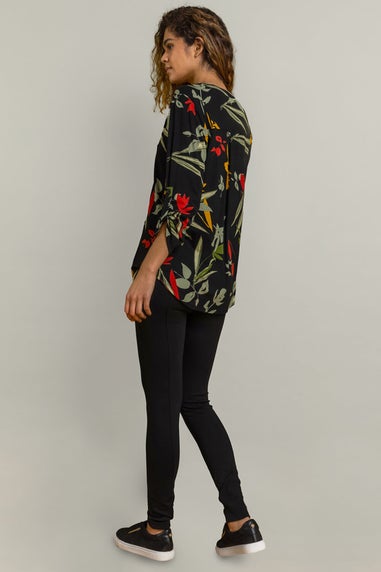 Roman Black Floral Print Notch Neck Top