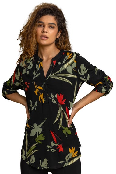 Roman Black Floral Print Notch Neck Top