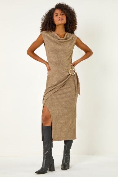 Dusk Beige Cowl Neck Buckle Bodycon Midi Dress