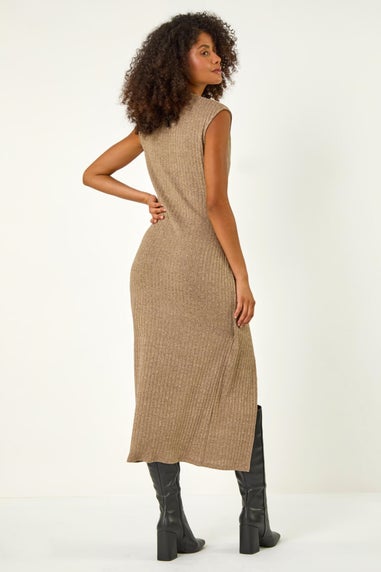 Dusk Beige Cowl Neck Buckle Bodycon Midi Dress