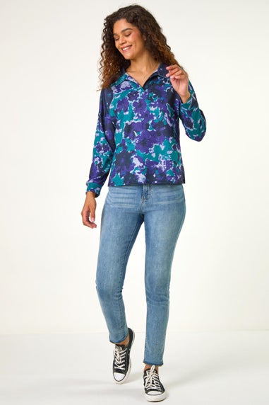 Roman Navy Abstract Print V-Neck Collar Top