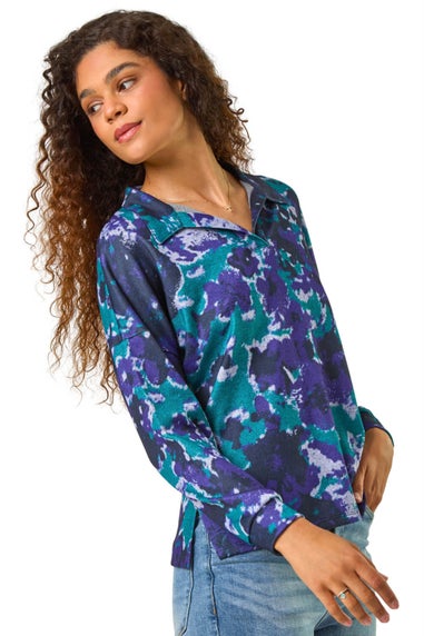 Roman Navy Abstract Print V-Neck Collar Top