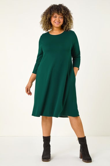 Roman Forest Green Curve Pocket Detail Swing Stretch Dress